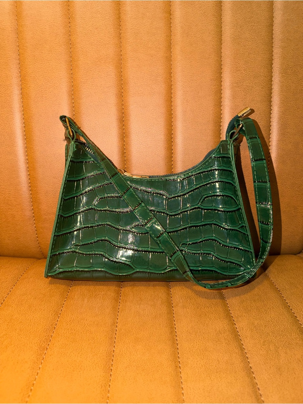 Green Croc-Embossed Shoulder Bag